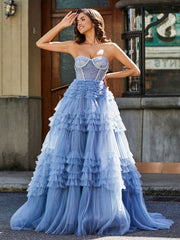 Robe de Soirée de A-ligne en Tulle à Col en Cœur avec Traîne Balayage Bleu Poudré Grande Taille