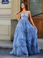 Robe de Soirée de A-ligne en Tulle à Col en Cœur avec Traîne Balayage Bleu Poudré