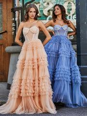 Robe de Soirée de A-ligne en Tulle à Col en Cœur avec Traîne Balayage Pêche Grande Taille