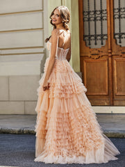 Robe de Soirée de A-ligne en Tulle à Col en Cœur avec Traîne Balayage Pêche Grande Taille