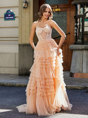 Robe de Soirée de A-ligne en Tulle à Col en Cœur avec Traîne Balayage Pêche Grande Taille