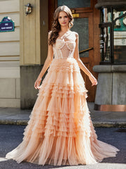 Robe de Soirée de A-ligne en Tulle à Col en Cœur avec Traîne Balayage Pêche Grande Taille