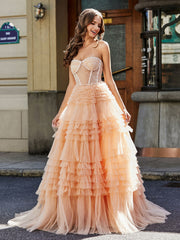 Robe de Soirée de A-ligne en Tulle à Col en Cœur avec Traîne Balayage Pêche Grande Taille