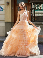 Robe de Soirée de A-ligne en Tulle à Col en Cœur avec Traîne Balayage Pêche Grande Taille