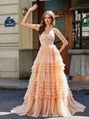 Robe de Soirée de A-ligne en Tulle à Col en Cœur avec Traîne Balayage Pêche Grande Taille