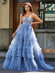 Robe de Soirée de A-ligne en Tulle à Col en Cœur avec Traîne Balayage Bleu Poudré Grande Taille