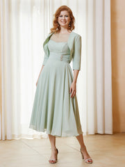 Robe de A-ligne en Mousseline et Dentelle à Col Illusion Longueur de Mollet Sauge Poudrée