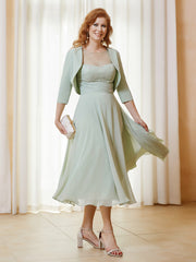 Robe de A-ligne en Mousseline et Dentelle à Col Illusion Longueur de Mollet Sauge Poudrée