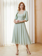 Robe de A-ligne en Mousseline et Dentelle à Col Illusion Longueur de Mollet Sauge Poudrée