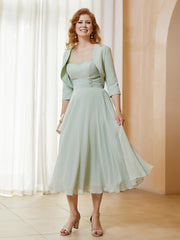 Robe de A-ligne en Mousseline et Dentelle à Col Illusion Longueur de Mollet Sauge Poudrée