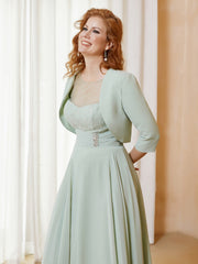 Robe de A-ligne en Mousseline et Dentelle à Col Illusion Longueur de Mollet Sauge Poudrée