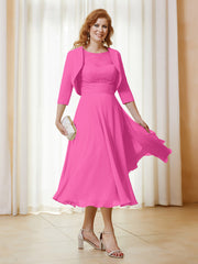 Robe de A-ligne en Mousseline et Dentelle à Col Illusion Longueur de Mollet Azalée Grande Taille