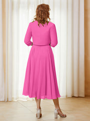 Robe de A-ligne en Mousseline et Dentelle à Col Illusion Longueur de Mollet Azalée Grande Taille