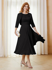 Robe de A-ligne en Mousseline et Dentelle à Col Illusion Longueur de Mollet Noir