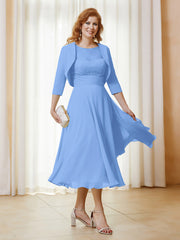 Robe de A-ligne en Mousseline et Dentelle à Col Illusion Longueur de Mollet Bleu