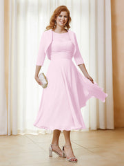 Robe de A-ligne en Mousseline et Dentelle à Col Illusion Longueur de Mollet Rose Pâle