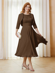 Robe de A-ligne en Mousseline et Dentelle à Col Illusion Longueur de Mollet Brun