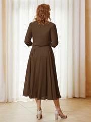 Robe de A-ligne en Mousseline et Dentelle à Col Illusion Longueur de Mollet Brun Grande Taille