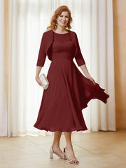 Robe de A-ligne en Mousseline et Dentelle à Col Illusion Longueur de Mollet Bordeaux