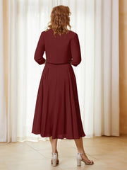 Robe de A-ligne en Mousseline et Dentelle à Col Illusion Longueur de Mollet Bordeaux Grande Taille
