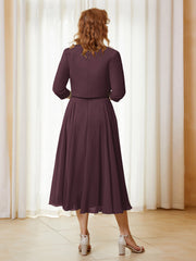 Robe de A-ligne en Mousseline et Dentelle à Col Illusion Longueur de Mollet Cabernet Grande Taille