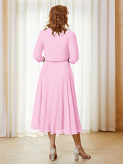 Robe de A-ligne en Mousseline et Dentelle à Col Illusion Longueur de Mollet Rose Bonbon Grande Taille