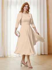 Robe de A-ligne en Mousseline et Dentelle à Col Illusion Longueur de Mollet Champagne Grande Taille