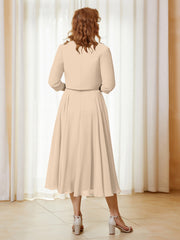 Robe de A-ligne en Mousseline et Dentelle à Col Illusion Longueur de Mollet Champagne Grande Taille
