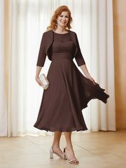 Robe de A-ligne en Mousseline et Dentelle à Col Illusion Longueur de Mollet Chocolat Grande Taille