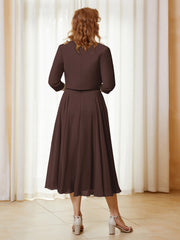 Robe de A-ligne en Mousseline et Dentelle à Col Illusion Longueur de Mollet Chocolat Grande Taille