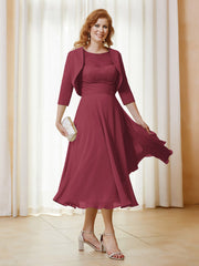 Robe de A-ligne en Mousseline et Dentelle à Col Illusion Longueur de Mollet Cannelle Rose