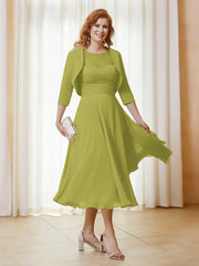 Robe de A-ligne en Mousseline et Dentelle à Col Illusion Longueur de Mollet Trèfle