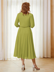 Robe de A-ligne en Mousseline et Dentelle à Col Illusion Longueur de Mollet Trèfle