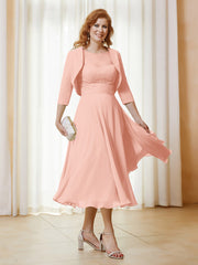 Robe de A-ligne en Mousseline et Dentelle à Col Illusion Longueur de Mollet Corail Grande Taille