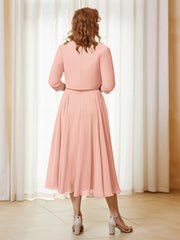 Robe de A-ligne en Mousseline et Dentelle à Col Illusion Longueur de Mollet Corail Grande Taille