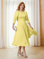 Robe de A-ligne en Mousseline et Dentelle à Col Illusion Longueur de Mollet Jonquille Grande Taille