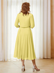 Robe de A-ligne en Mousseline et Dentelle à Col Illusion Longueur de Mollet Jonquille Grande Taille