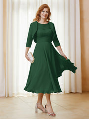 Robe de A-ligne en Mousseline et Dentelle à Col Illusion Longueur de Mollet Vert Foncé Grande Taille