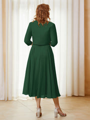 Robe de A-ligne en Mousseline et Dentelle à Col Illusion Longueur de Mollet Vert Foncé