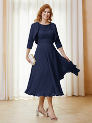 Robe de A-ligne en Mousseline et Dentelle à Col Illusion Longueur de Mollet Bleu Marine