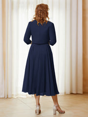 Robe de A-ligne en Mousseline et Dentelle à Col Illusion Longueur de Mollet Bleu Marine Grande Taille