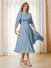 Robe de A-ligne en Mousseline et Dentelle à Col Illusion Longueur de Mollet Bleu Poudré