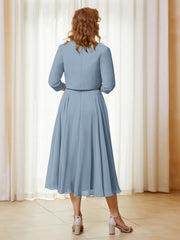 Robe de A-ligne en Mousseline et Dentelle à Col Illusion Longueur de Mollet Bleu Poudré