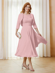 Robe de A-ligne en Mousseline et Dentelle à Col Illusion Longueur de Mollet Rose Poudré Grande Taille