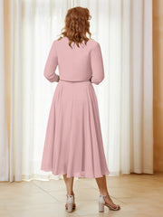 Robe de A-ligne en Mousseline et Dentelle à Col Illusion Longueur de Mollet Rose Poudré Grande Taille