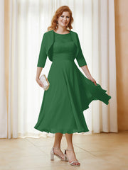 Robe de A-ligne en Mousseline et Dentelle à Col Illusion Longueur de Mollet Emeraude Grande Taille