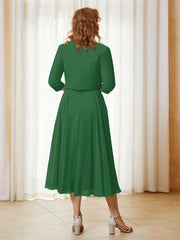 Robe de A-ligne en Mousseline et Dentelle à Col Illusion Longueur de Mollet Emeraude