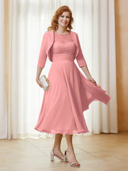Robe de A-ligne en Mousseline et Dentelle à Col Illusion Longueur de Mollet Flamant Grande Taille