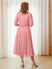 Robe de A-ligne en Mousseline et Dentelle à Col Illusion Longueur de Mollet Flamant Grande Taille