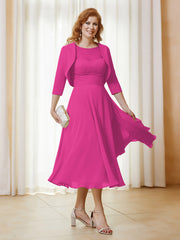 Robe de A-ligne en Mousseline et Dentelle à Col Illusion Longueur de Mollet Fuchsia